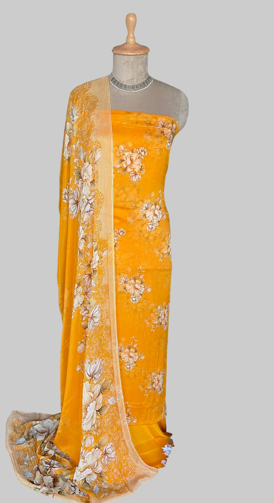 Crepe Mustard Suit Fabric / Phoolon Ka Ghar