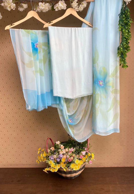 Georgette Sky Blue Saree / Chinon Sarees