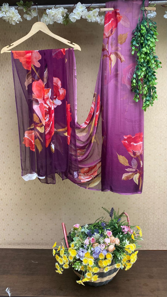 Chiffon Wine Saree / Chinon Sarees