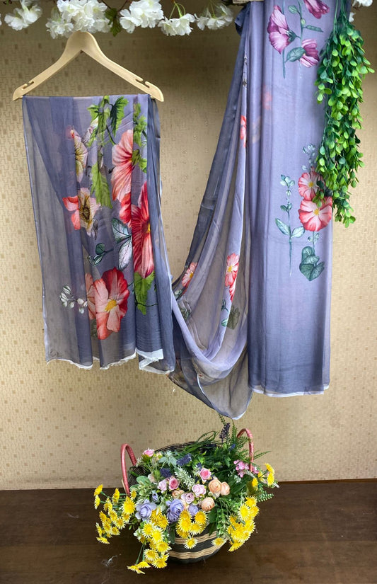 Chiffon Grey Saree /  Chinon Sarees