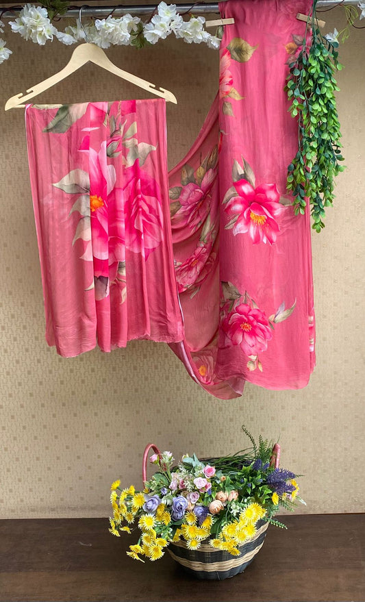Chinon Pink Saree /  Chinon Sarees