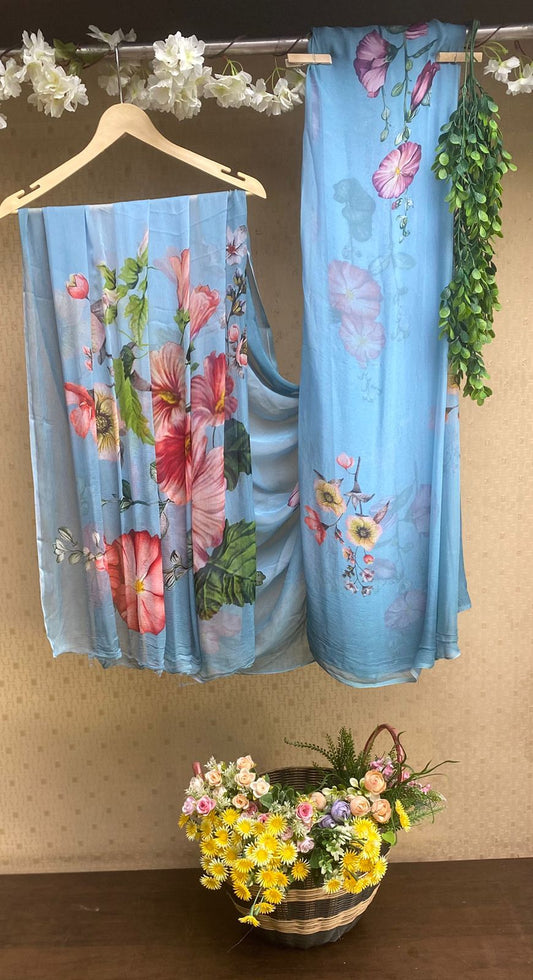Chiffon Dusty Blue Saree / Chinon Sarees