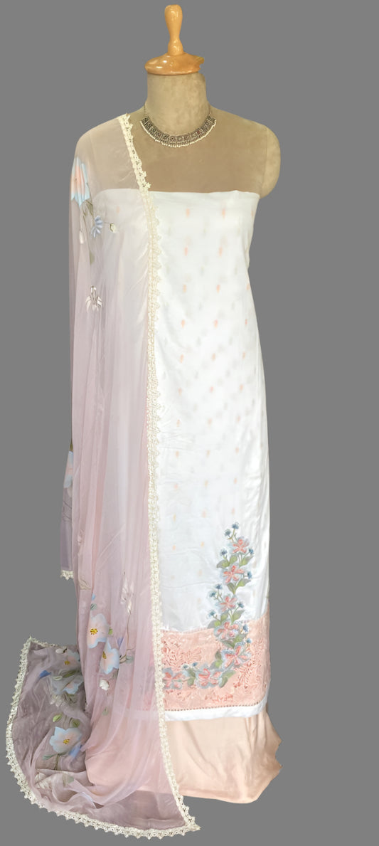 Cotton Dobby White With Peach Suit Fabric / Lacey Attires