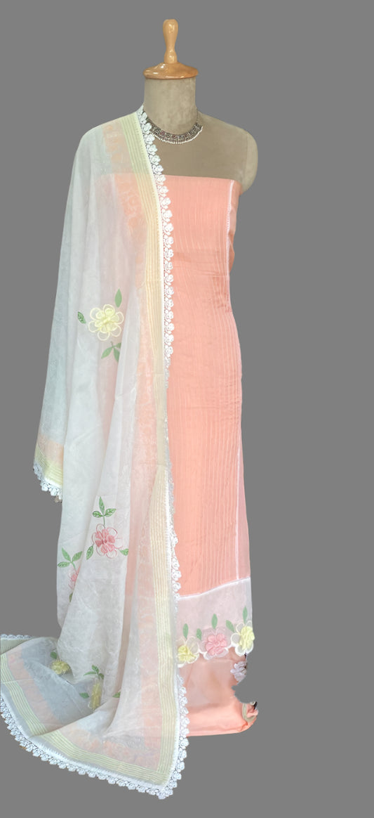 Organza Cream Peach Suit Fabric / Lacey Attires