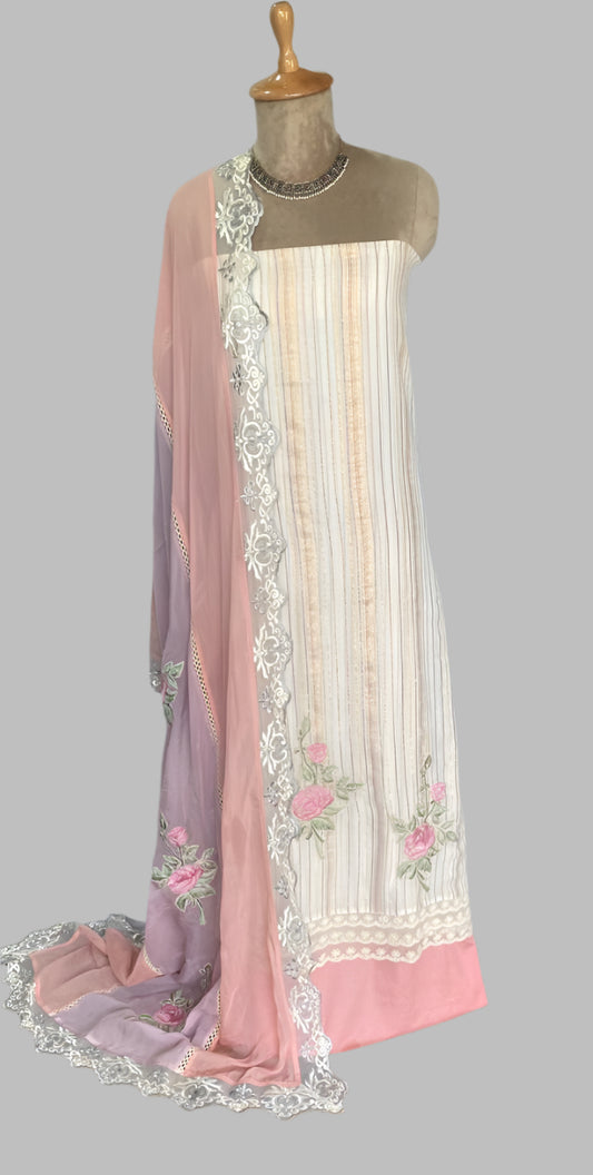 Cotton Cream With Peach Suit Fabric / Lacey Attires