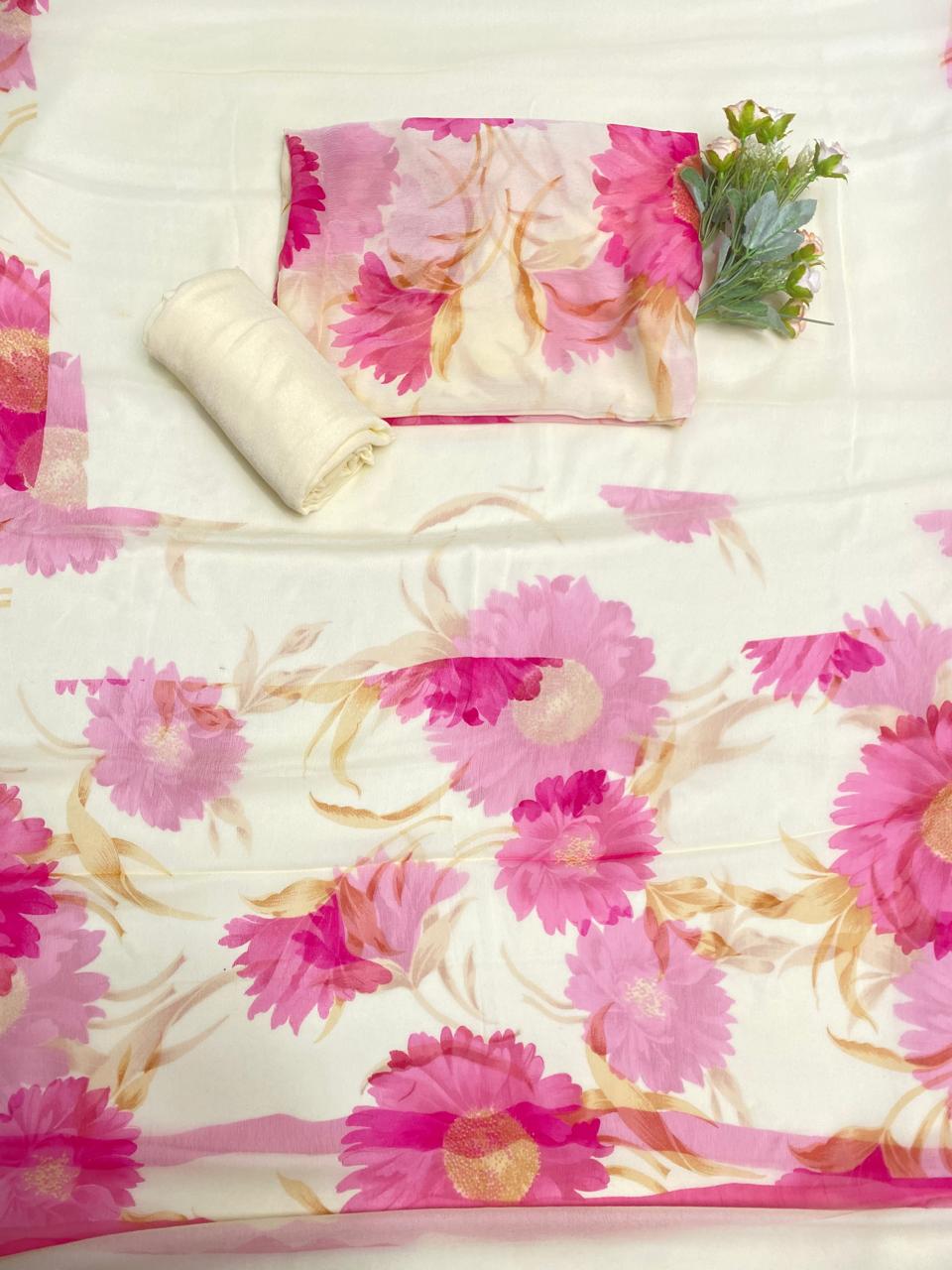 Ckc 700 Chiffon Crem With Pink Suit Fabric/ CKC Chiffon Suits