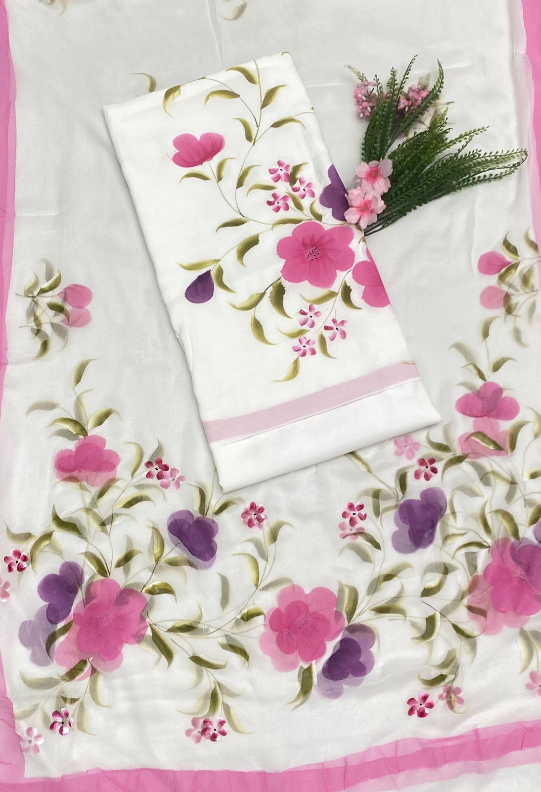 Cotton White With Pink Suit Fabric/ Easy Breezy