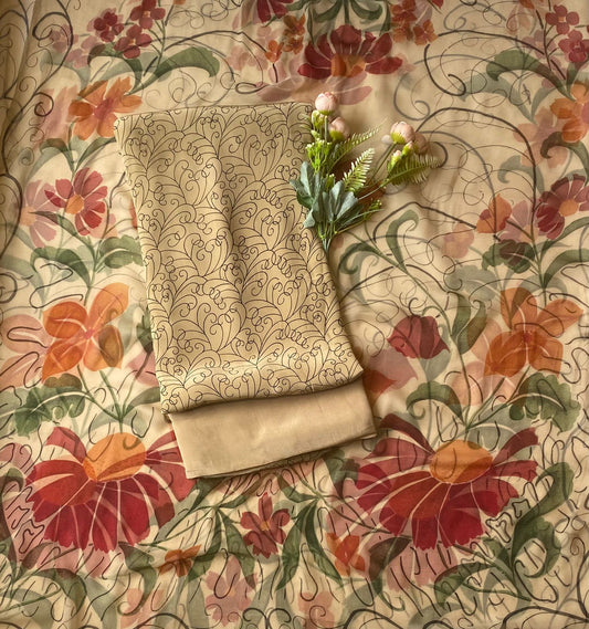 (Pre- Order)Crepe Dark Beige Suit Fabric / Phoolon Ka Ghar