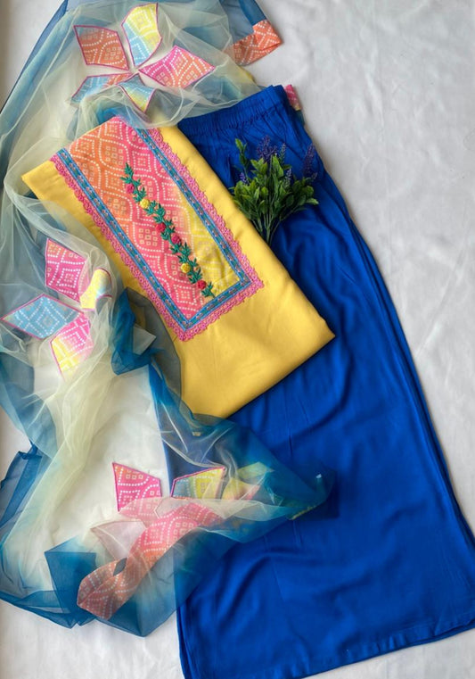 Cotton Yellow With Navy Blue Suit Fabric / Magic Of Resham 2025