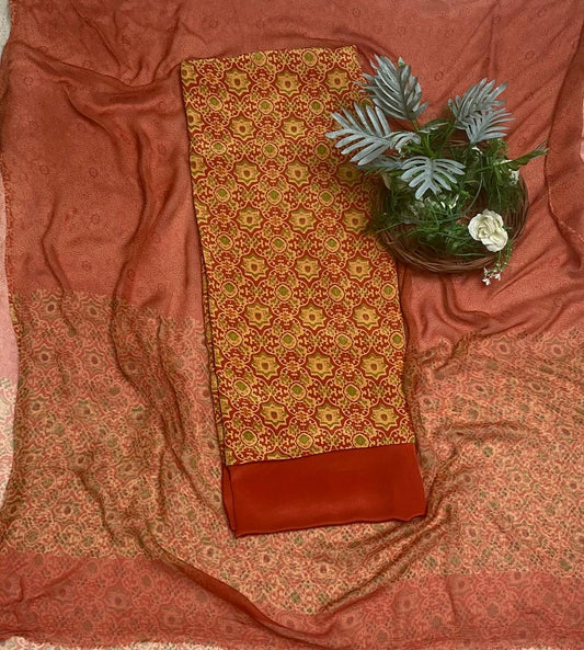 Crepe Rust Orange Suit Fabric / Phoolon Ka Ghar