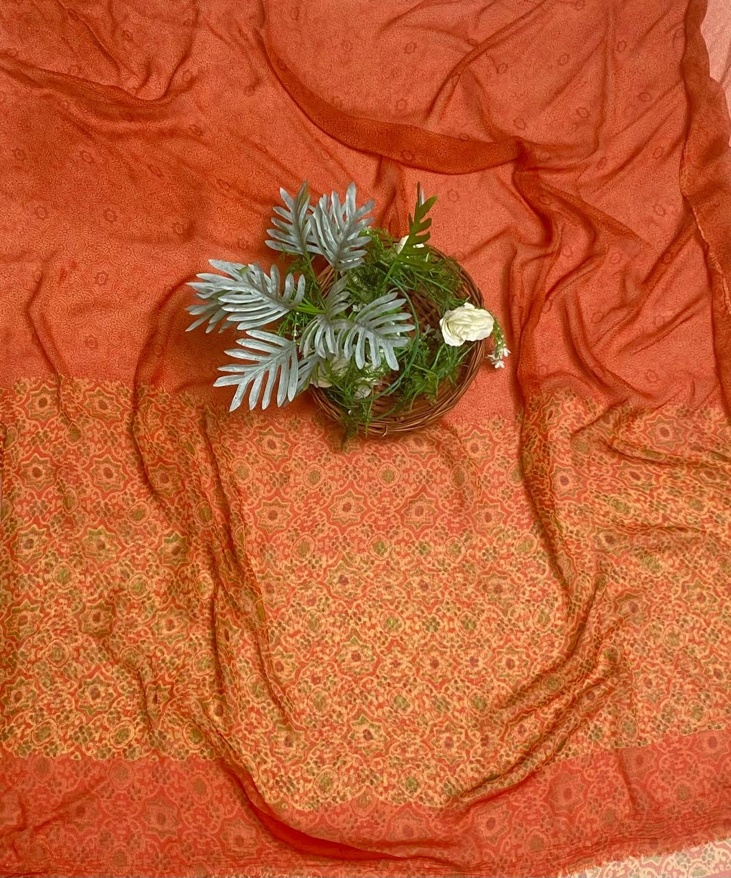 Crepe Rust Orange Suit Fabric / Phoolon Ka Ghar