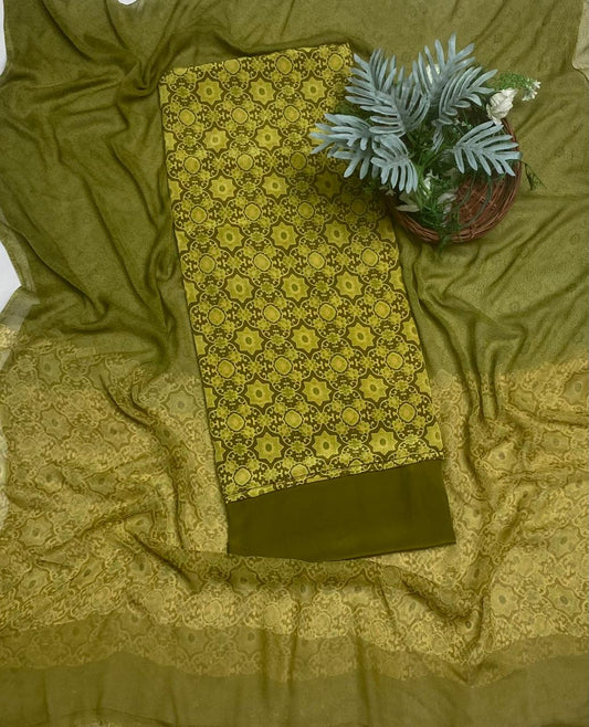 Crepe Mehndi Green Suit Fabric / Phoolon Ka Ghar