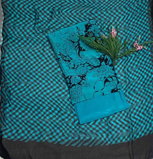 Crepe Blueish Green With Black Suit Fabric / Phoolon Ka Ghar