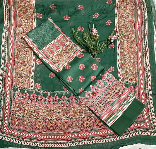 Satin Modal Mehndi Green Suit Fabric / Festive Vibe