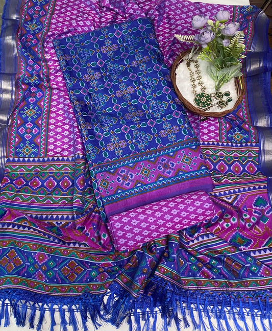 Patola Silk Navy Blue  With Purple Suit Fabric / Summer Elegance