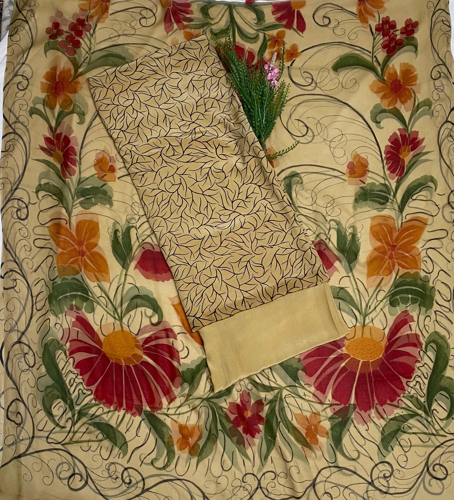 Crepe Dusty Beige Suit Fabric / Phoolon Ka Ghar