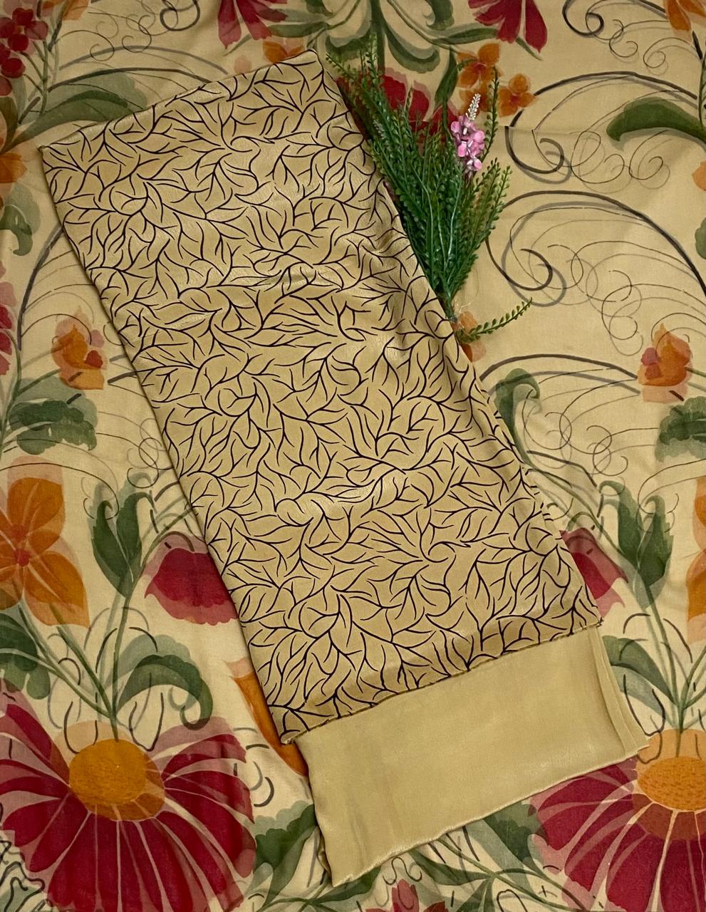 Crepe Dusty Beige Suit Fabric / Phoolon Ka Ghar