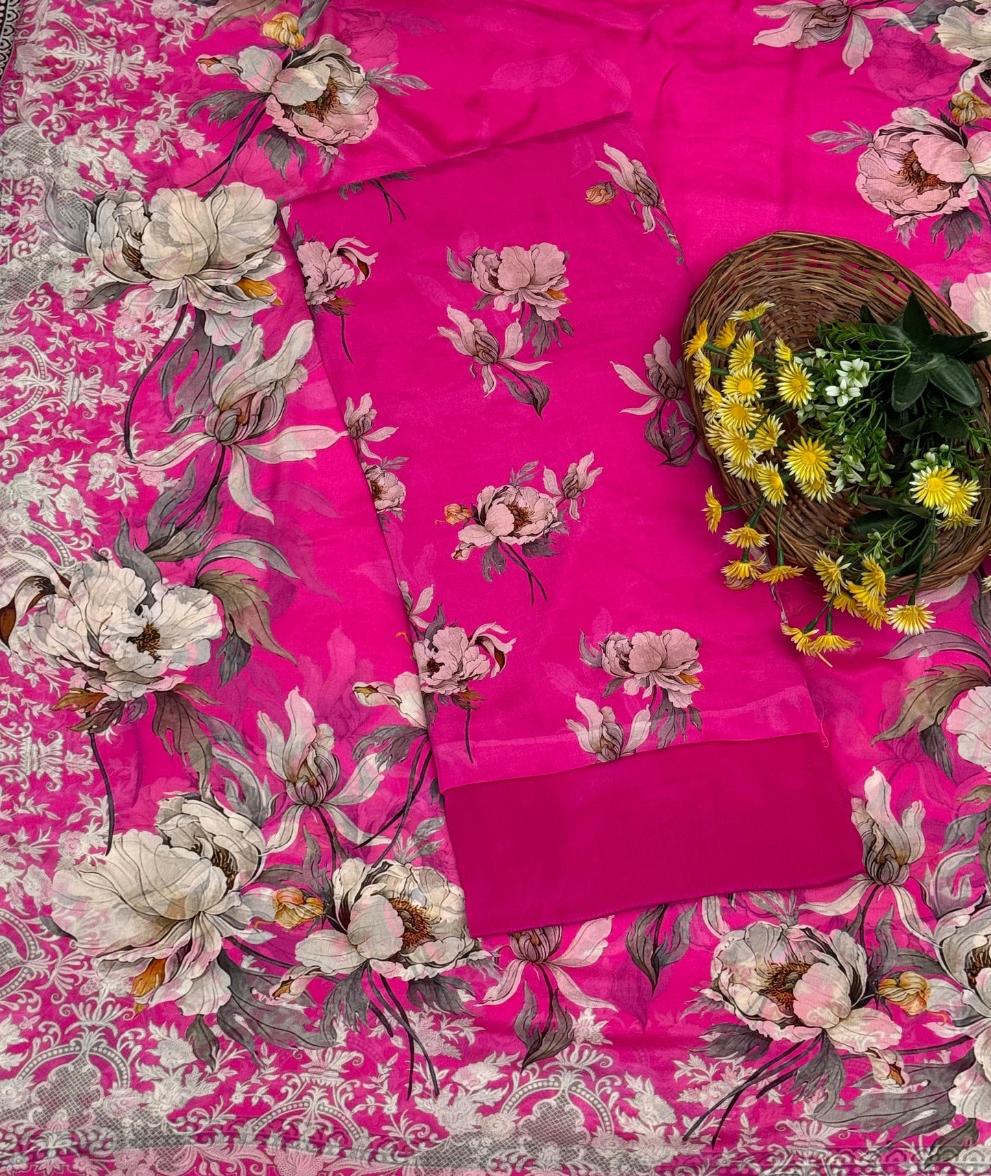 Chinon Hot Pink Suit Fabric / Phoolon Ka Ghar