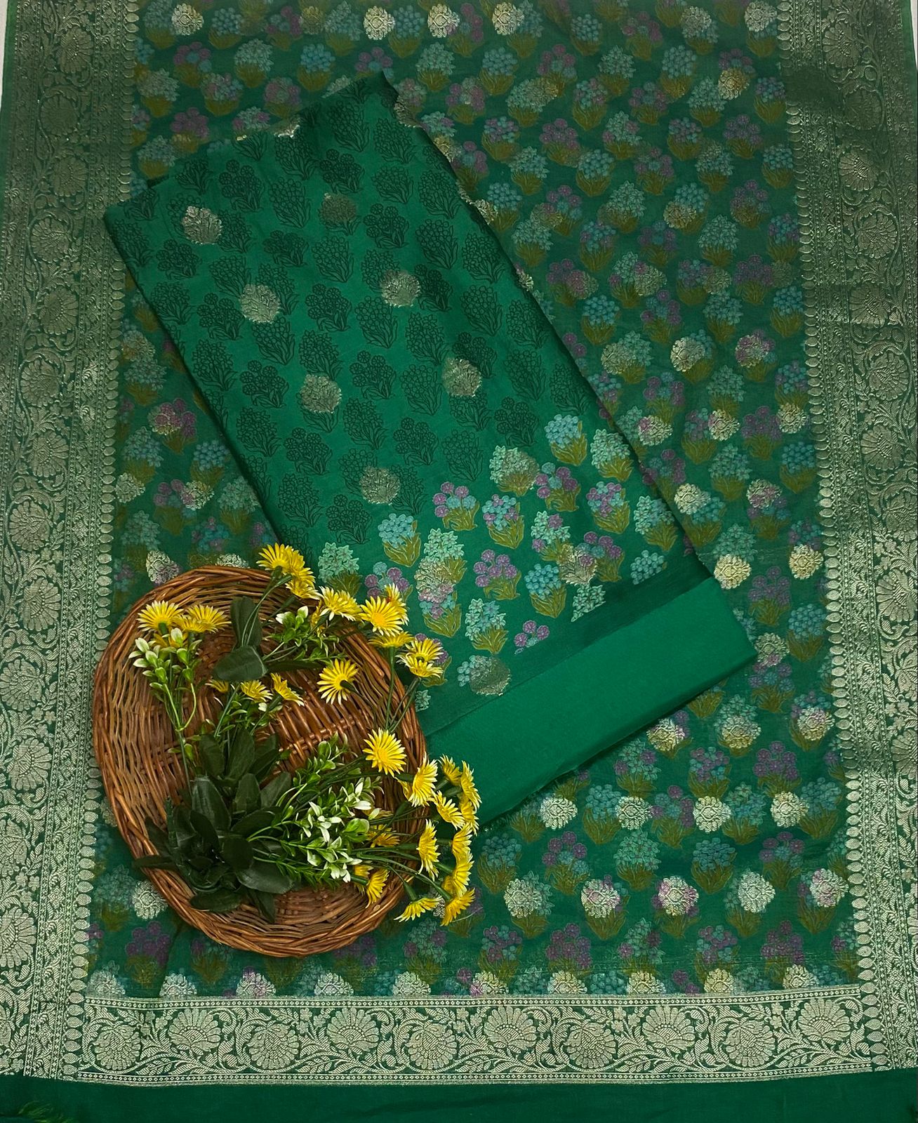 Pure Maheshwari Green Suit Fabric / Festive Vibe