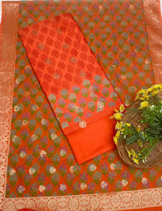 Pure Maheshwari Orange Suit Fabric / Festive Vibe