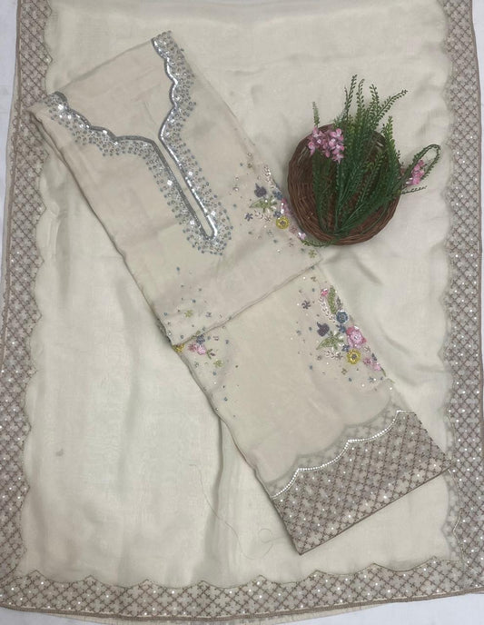 Organza Cream Suit Fabric/ Karwachauth Collection