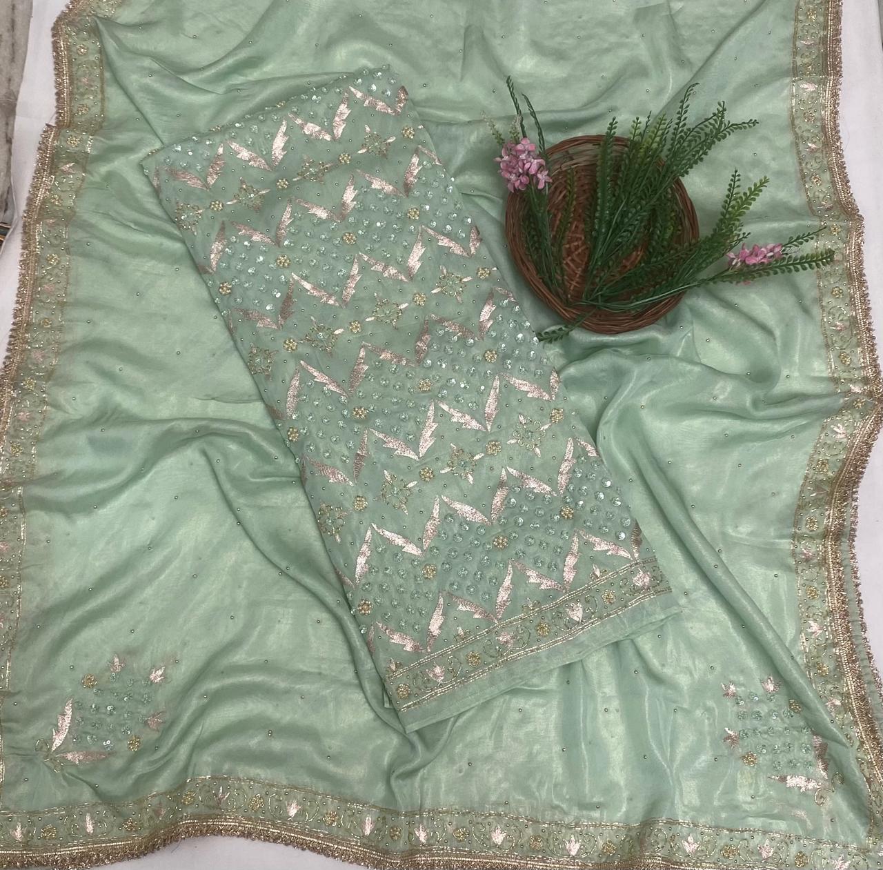 Organza Pista Green Suit Fabric/ Karwachauth Collection