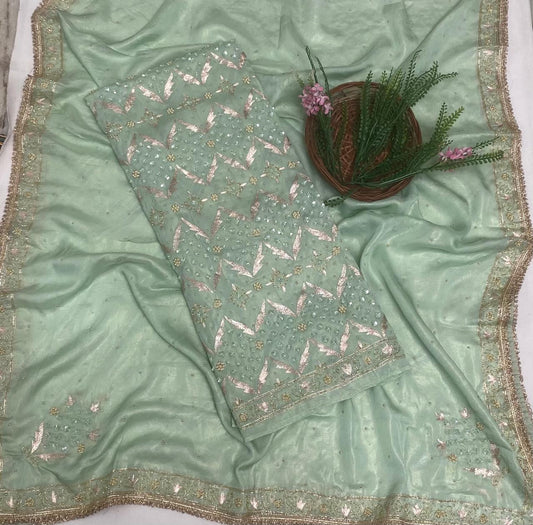 Organza Pista Green Suit Fabric/ Karwachauth Collection