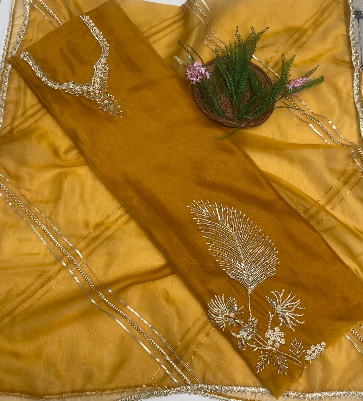 Shimmer Organza Musturd Yellow Suit Fabric/ Karwachauth Collection