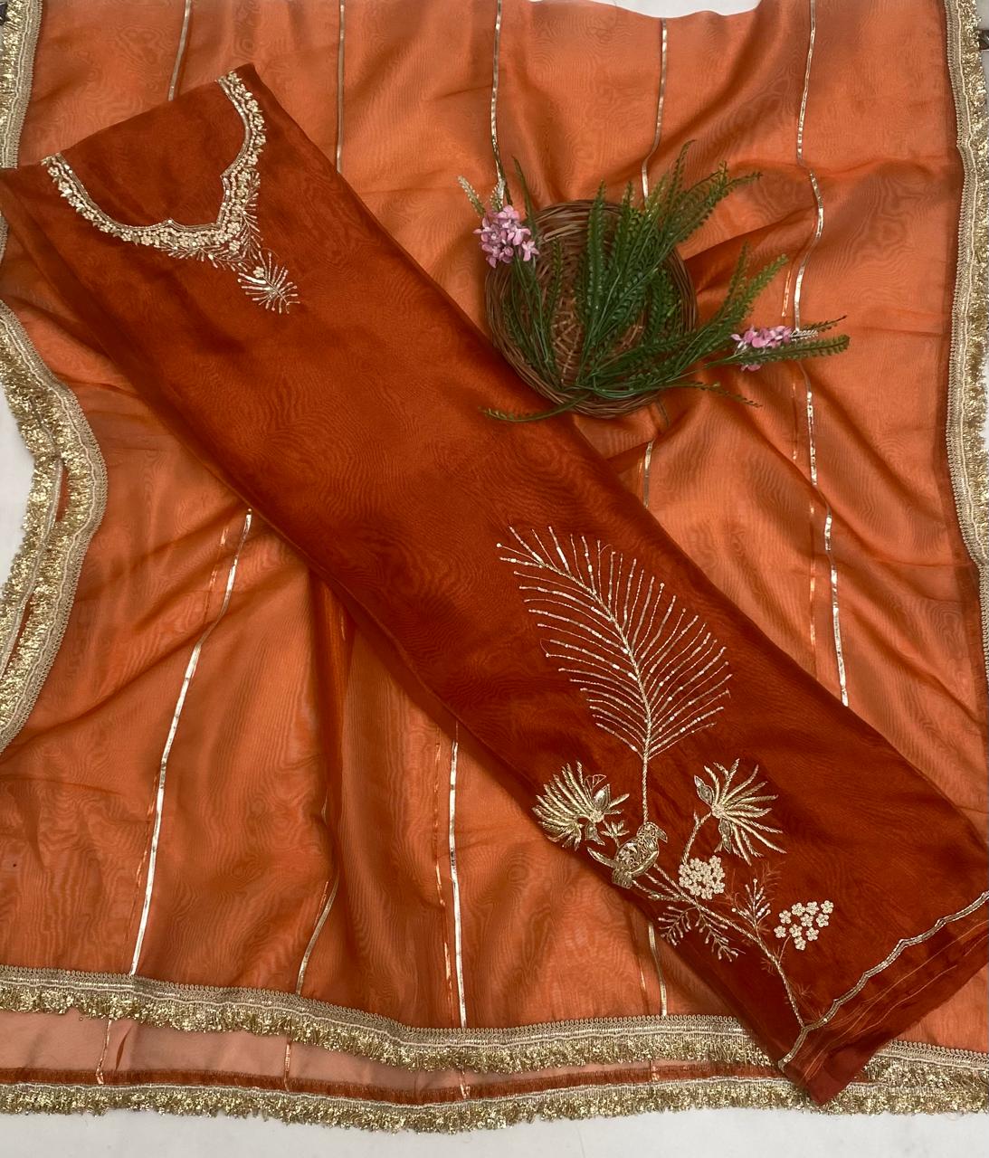 Shimmer Organza Rust Orange Suit Fabric/ Karwachauth Collection