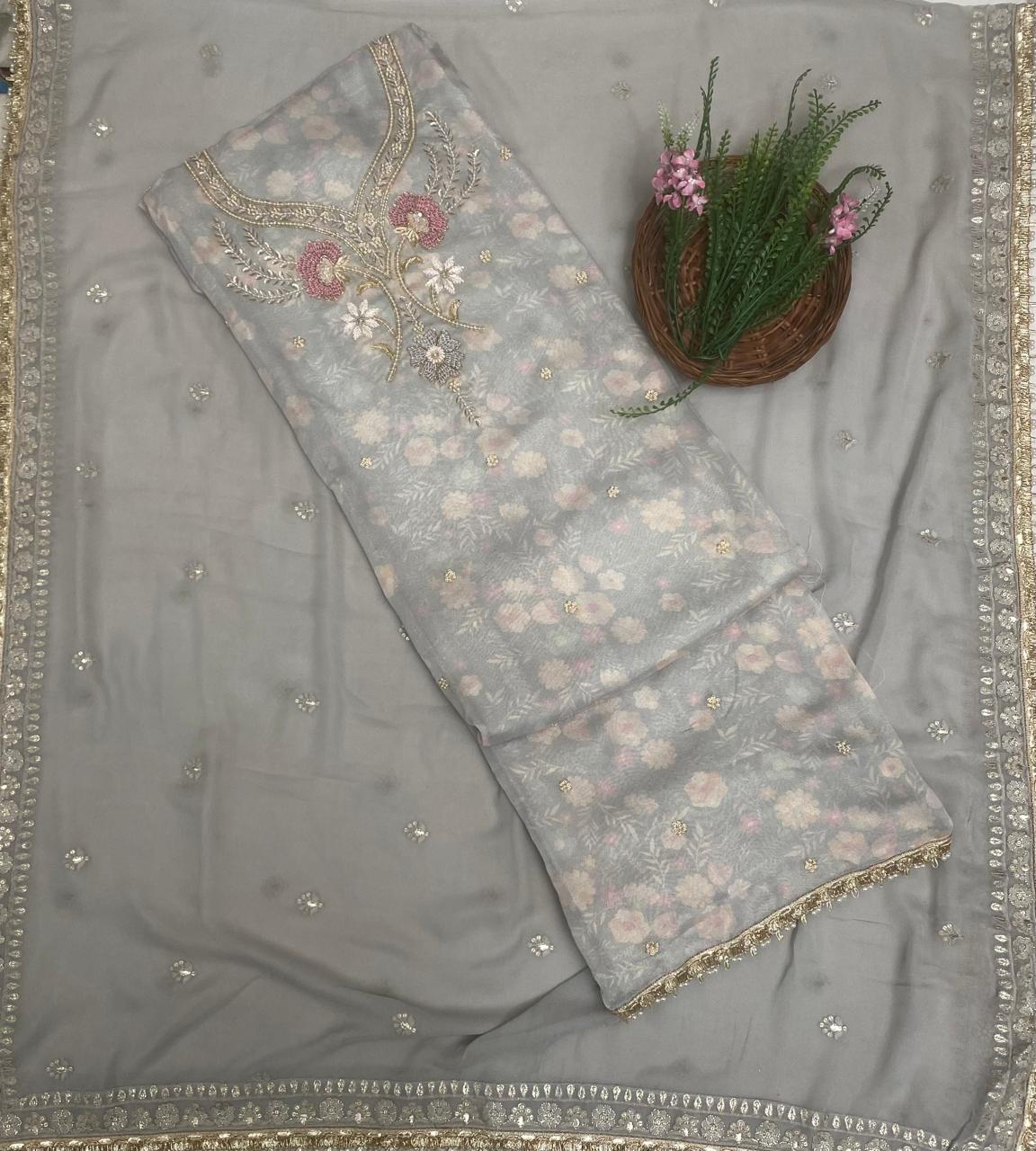Shimmer Georgette Ice Blue Suit Fabric/ Karwachauth Collection