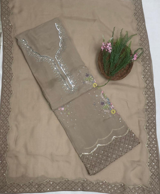 Organza Light Brown Suit Fabric/ Karwachauth Collection