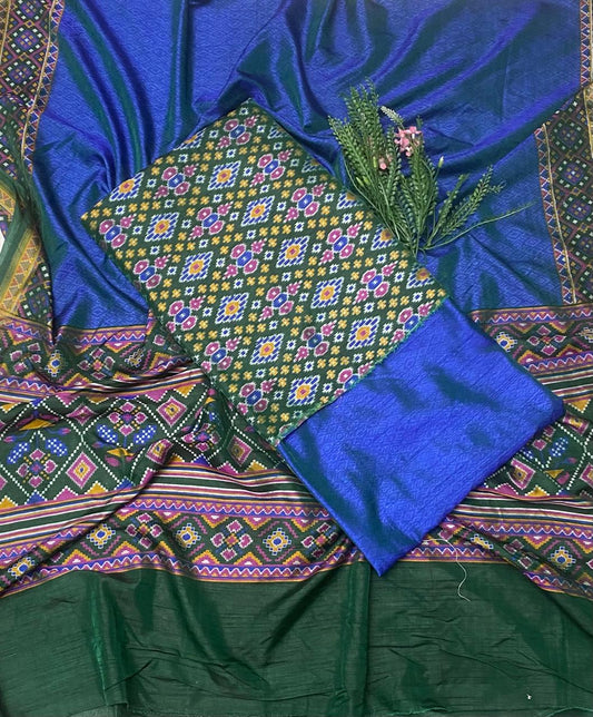 Patola Silk Mehndi Green With Blue Suit Fabric / Summer Elegance