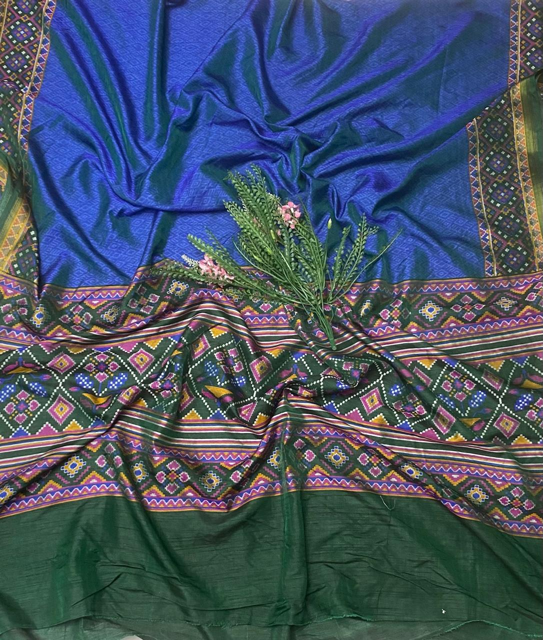 Patola Silk Mehndi Green With Blue Suit Fabric / Summer Elegance