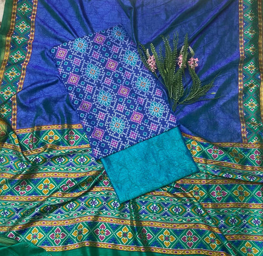 Patola Silk Navy Blue With Blue Suit Fabric / Summer Elegance