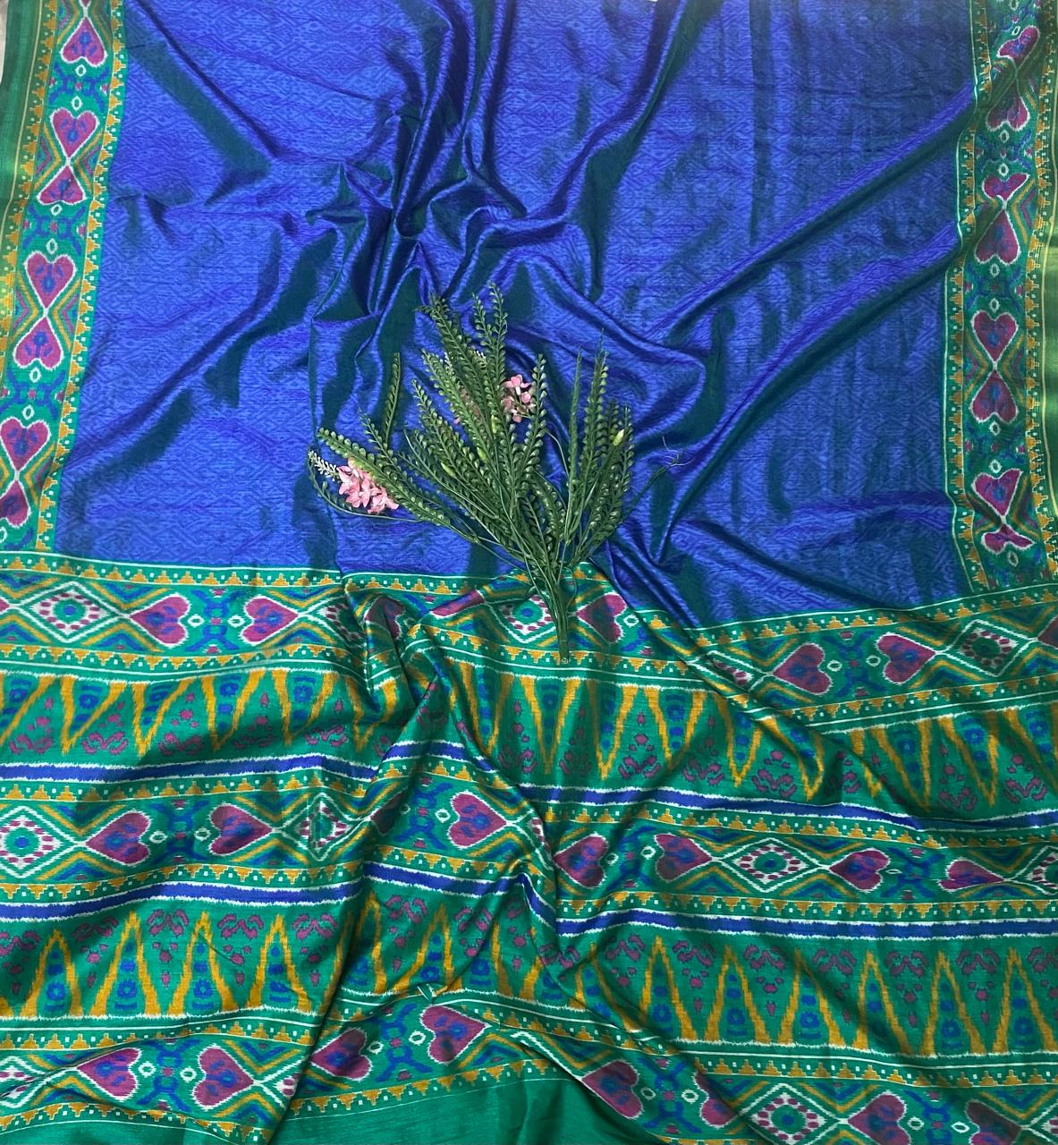 Patola Silk Green With Blue  Suit Fabric / Summer Elegance