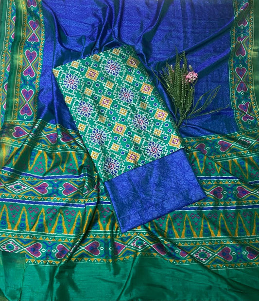 Patola Silk Green With Blue  Suit Fabric / Summer Elegance