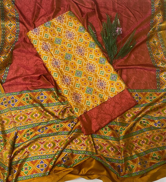 Patola Silk Yellow With Rust Red Suit Fabric / Summer Elegance