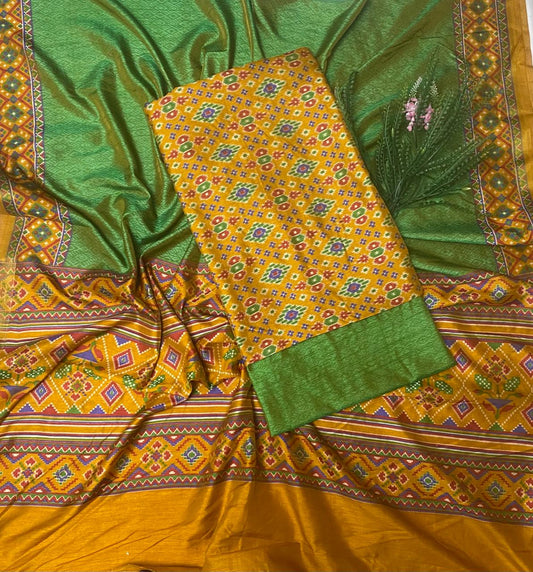 Patola Silk Yellow With Green Suit Fabric / Summer Elegance