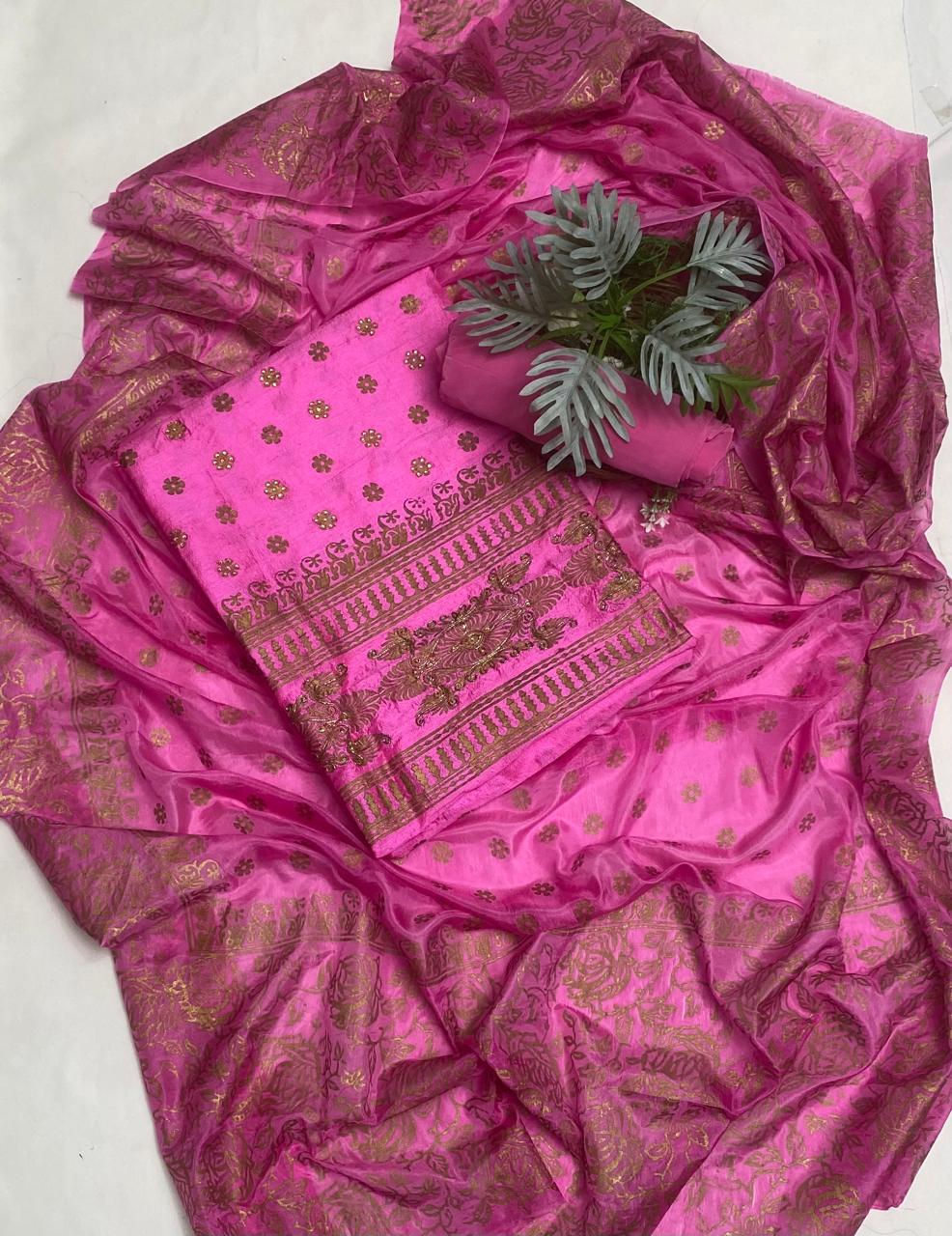 Pure Raw Silk Pink Suit Fabric / Karwachauth Collection