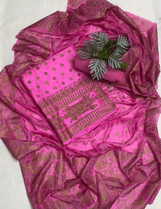 Pure Raw Silk Pink Suit Fabric / Karwachauth Collection