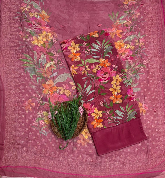 Crepe Burgundy Pink Suit Fabric / Phoolon Ka Ghar