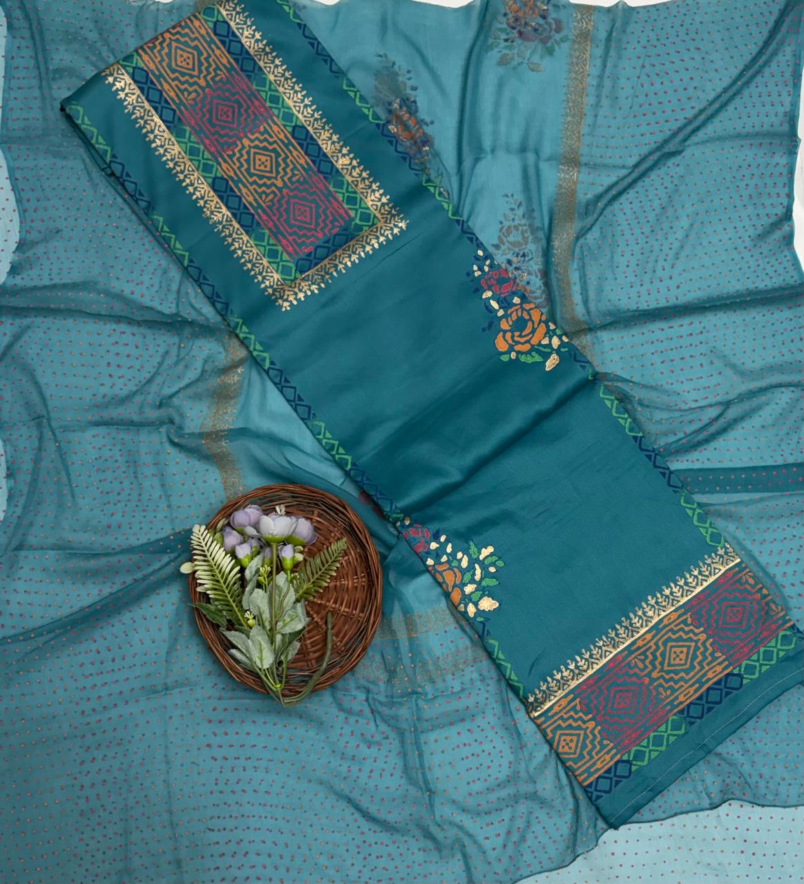 Cotton Peacock Blue Suit Fabric / Block Printing Suits