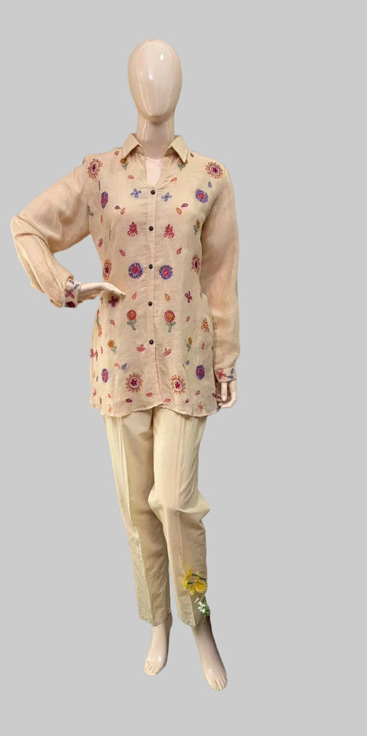 Linen Cotton Skin Beige Stitched Co-Ord Set / CKC Co-Ord Set Collection