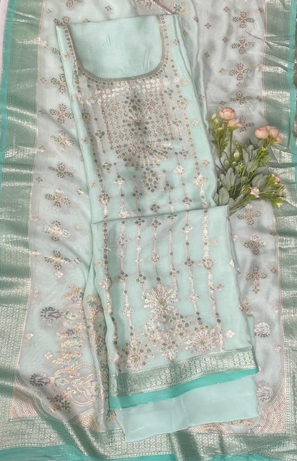 Silk Organza Sea Green Suit Fabric/ Partywear Collection