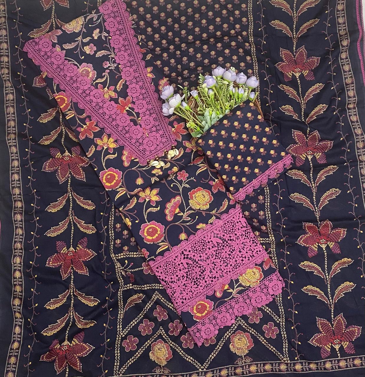 Cotton Navy With Pink Suit Fabric / CKC Cotton Bazaar