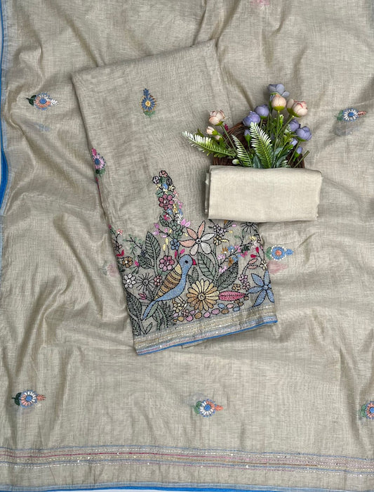 Mal Chanderi Beige With Blue Suit Fabric/ CKC Mal Cotton