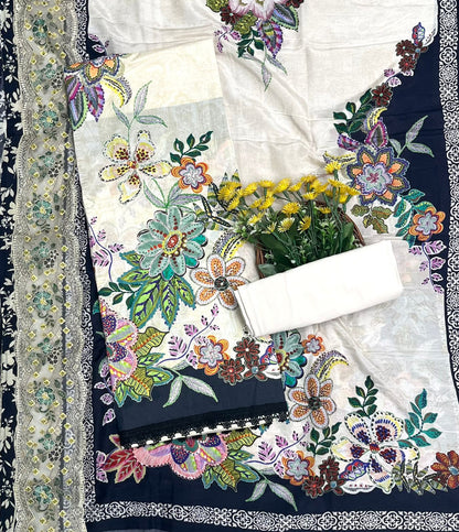 141A Cotton Off White With Navy Blue Suit Fabric / CKC Cotton Bazaar