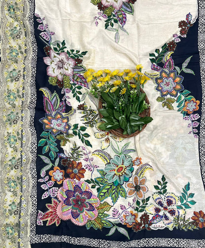 141A Cotton Off White With Navy Blue Suit Fabric / CKC Cotton Bazaar