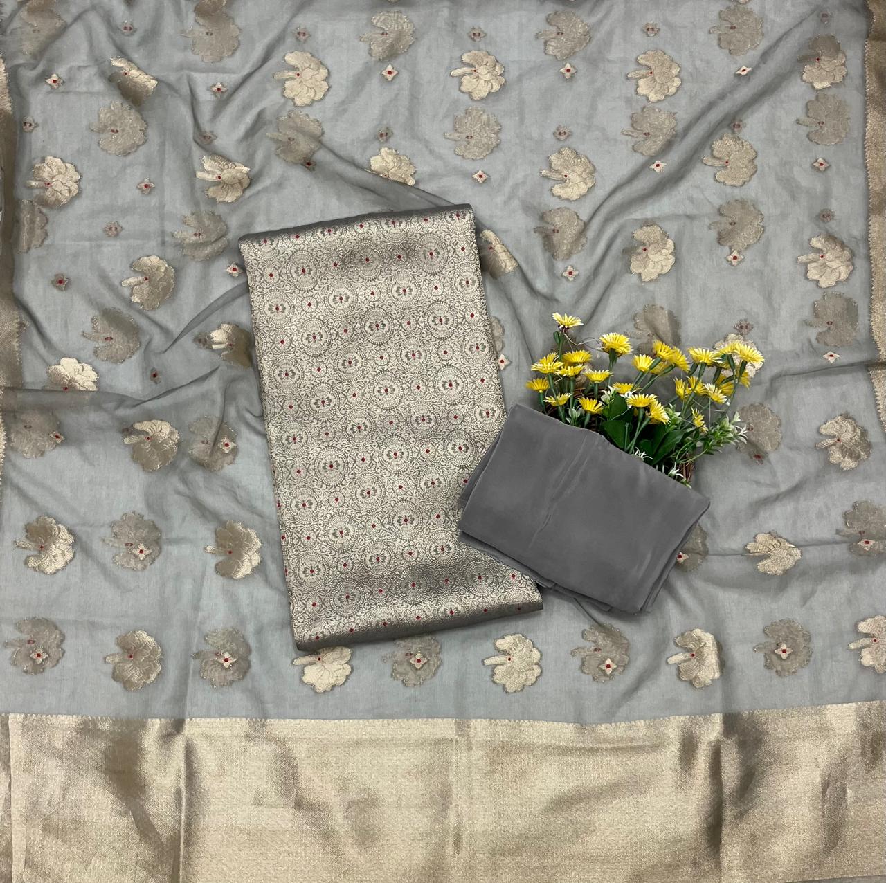 CKC 328 Brocade Banarasi Crepe Grey Suit Fabric / CKC Banarasi Edit