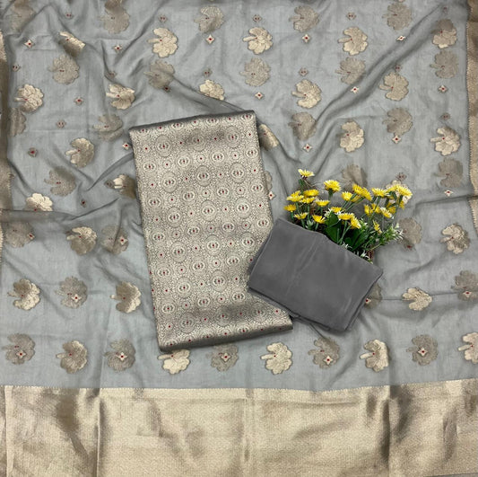 CKC 328 Brocade Banarasi Crepe Grey Suit Fabric / CKC Banarasi Edit